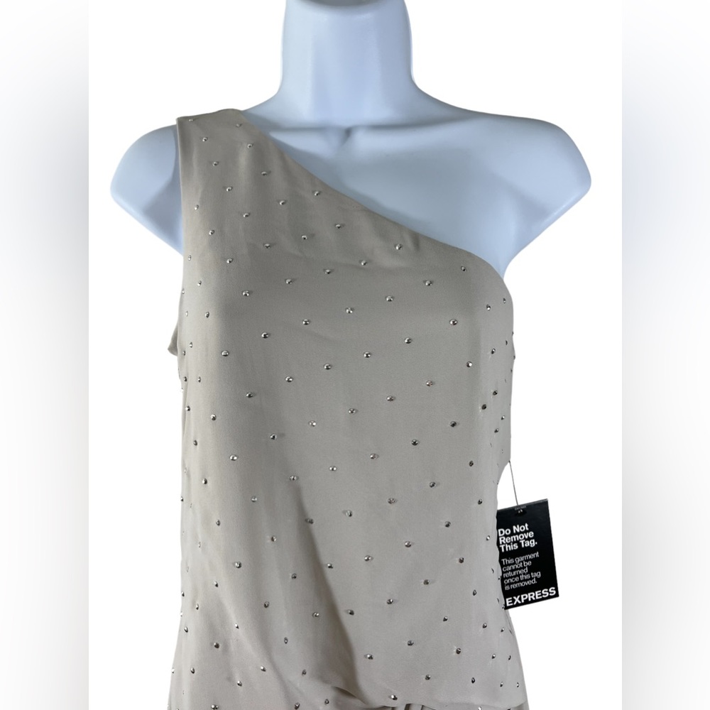 NWT‎ Express Spaghetti Strap Rhinestone One Shoulder Beige Bodycon Dress Size 0 - Picture 2 of 9